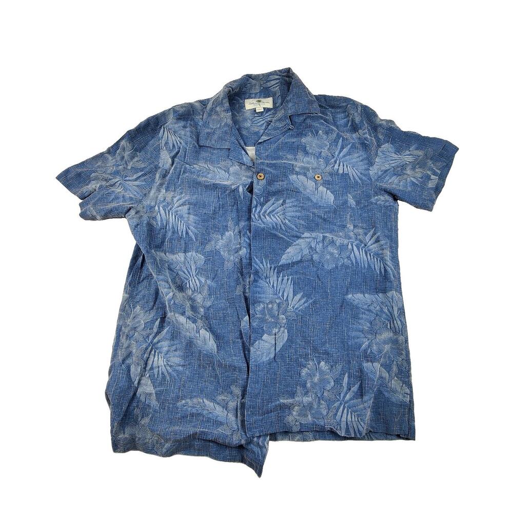 Island Shores Shirt Mens Large Blue Floral Silk Short Sleeve Hawaiian Button Up
